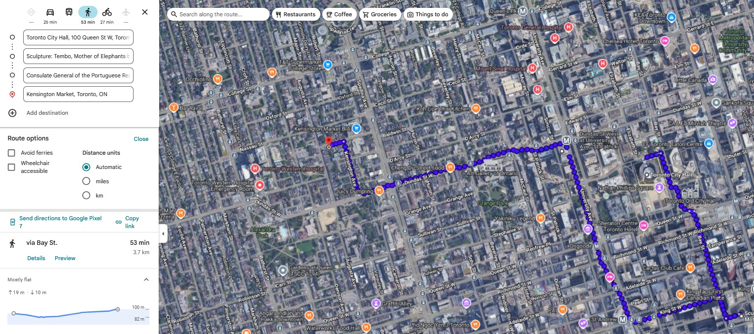 Draft Monday walking route map from Toronto City Hall to Kensington Market